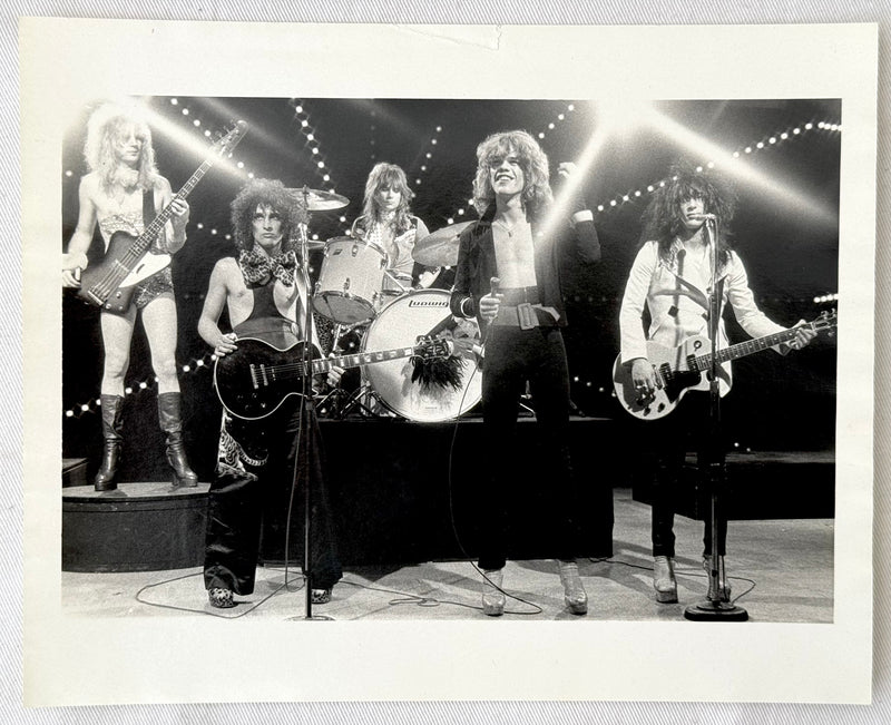 Original vintage gelatin silver print of the New York Dolls on The Real Don Steele Show, Los Angeles, 1973, photographed by Bob Gruen.