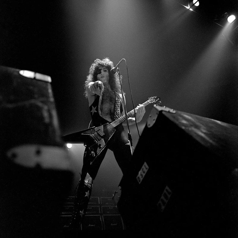 Paul Stanley of Kiss at the Kitchener Memorial Auditorium, Kitchener, 1976, photographed by John Rowlands.