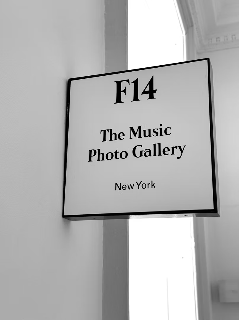 The Music Photo Gallery exhibition sign at F14 during Photo London, Somerset House, London.