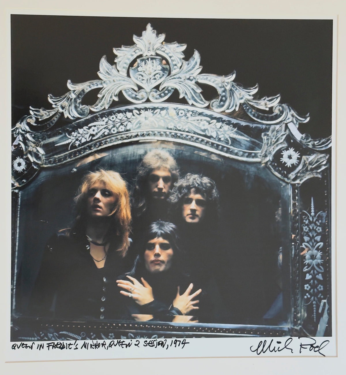 Queen in Freddie's Mirror during the Queen II session, 1974, hand-titled and signed by Mick Rock.