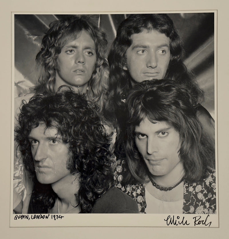 Queen group portrait in London, 1974, hand-titled and signed by Mick Rock.