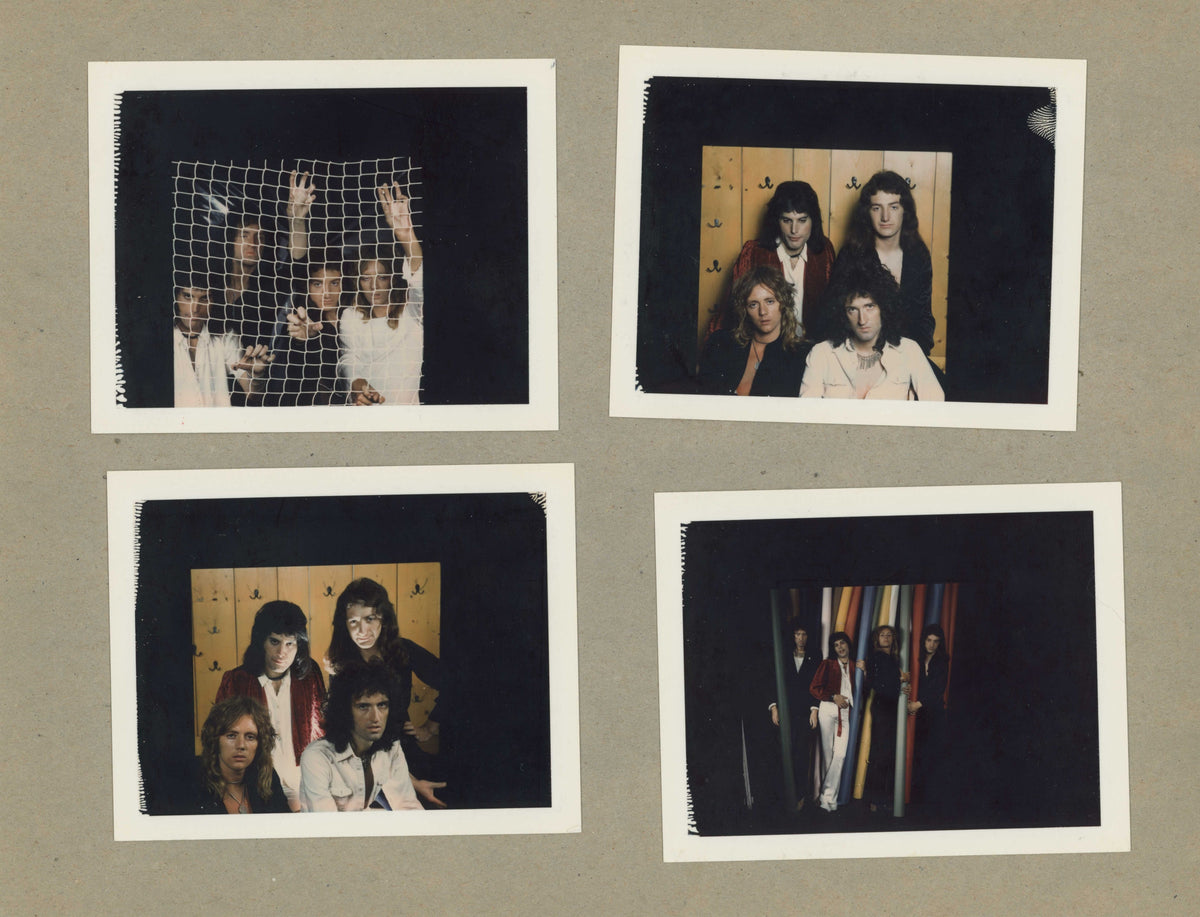 Set of four color photographs of Queen in London by Mick Rock, mounted on cardboard. Unique vintage C-prints in Polaroid size.