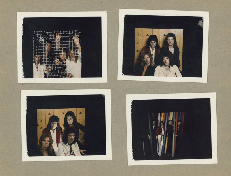 Set of four color photographs of Queen in London by Mick Rock, mounted on cardboard. Unique vintage C-prints in Polaroid size.