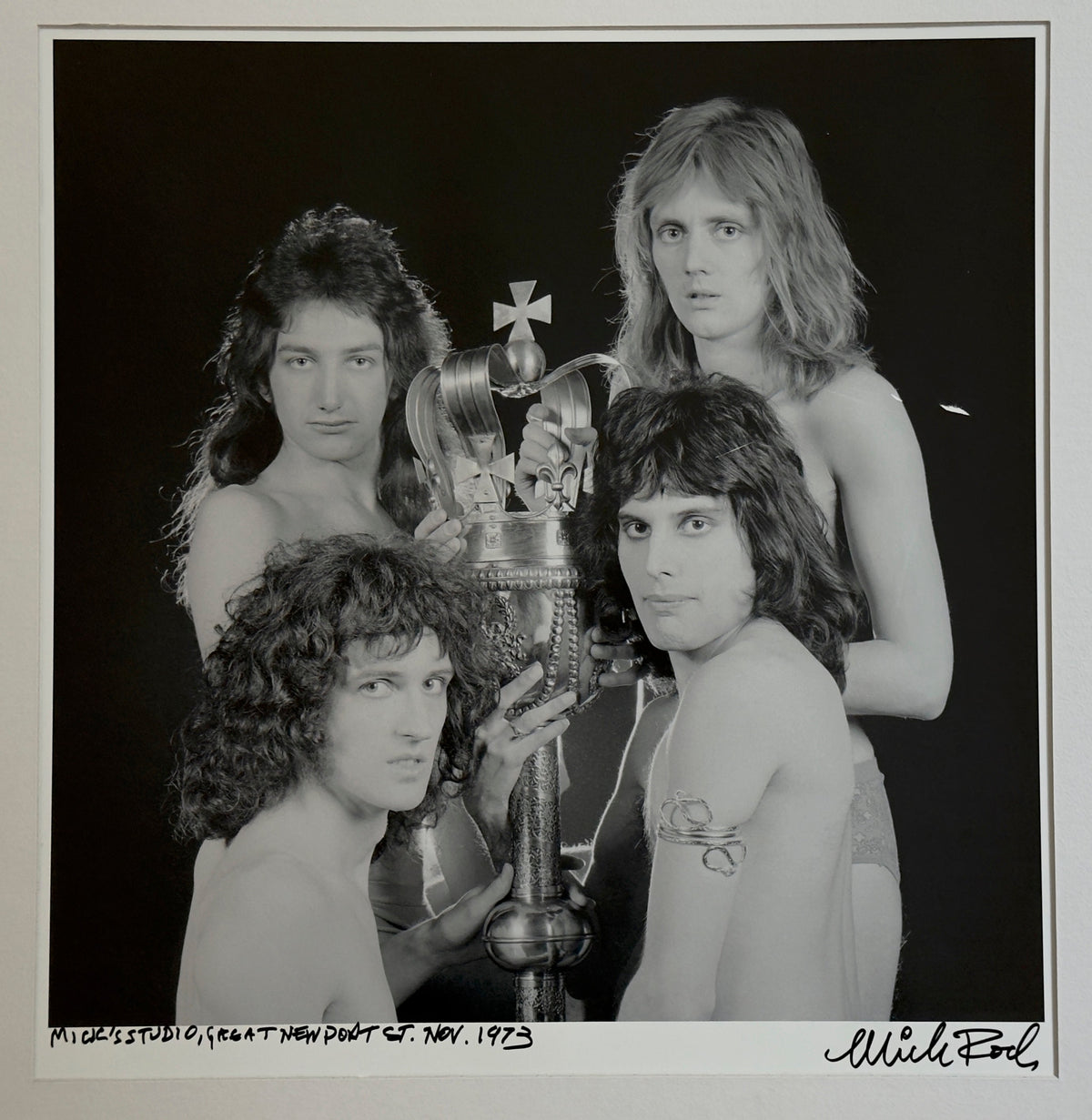Queen at Mick Rock's Great Newport Street studio, November 1973, hand-titled and signed by Mick Rock.