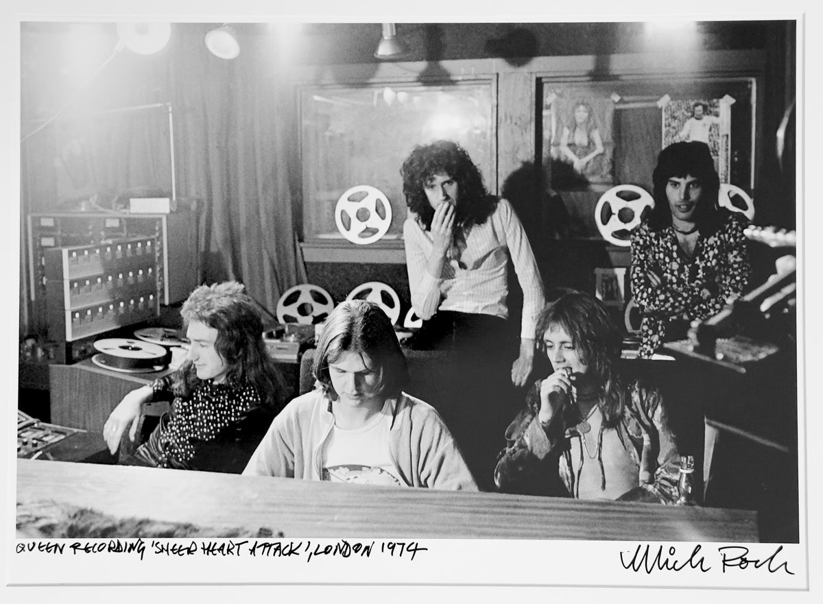 Queen in the control room recording ‘Sheer Heart Attack’, London 1974 — photograph by Mick Rock, a signed, hand-titled late print.