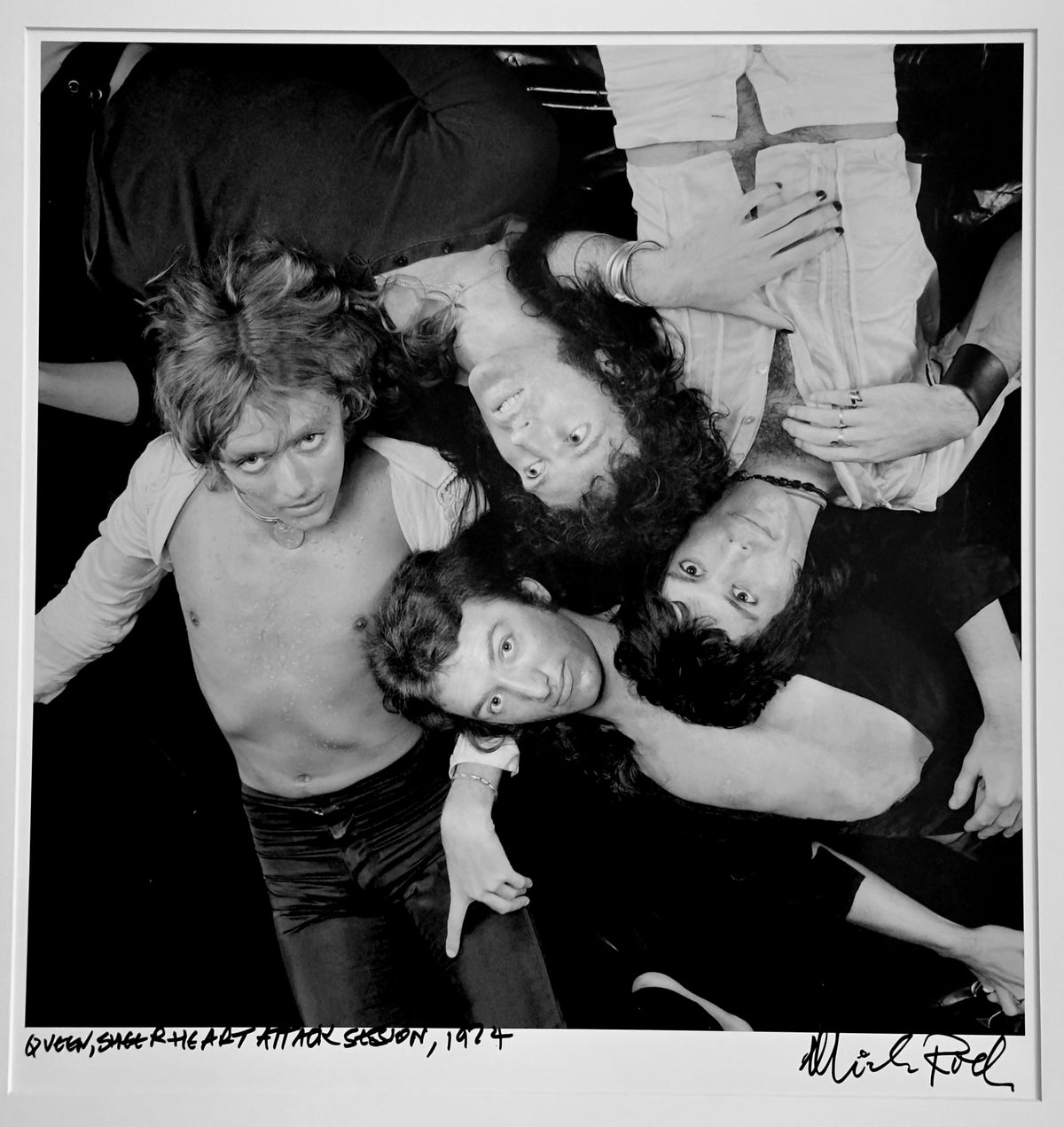 Queen entwined together during the ‘Sheer Heart Attack’ session, 1974 — group portrait by Mick Rock, a signed, hand-titled late print.