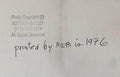 Detail of Roberta Bayley’s copyright stamp and the handwritten “printed by RWB in 1976” notation on the verso of the vintage Ramones print.