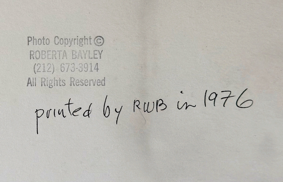 Detail of Roberta Bayley’s copyright stamp and the handwritten “printed by RWB in 1976” notation on the verso of the vintage Ramones print.