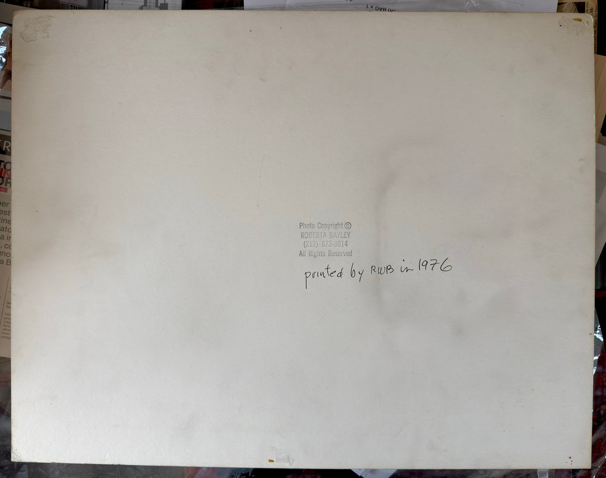 Verso of Roberta Bayley’s 1976 vintage Ramones print, with the photographer’s copyright stamp and handwritten note “printed by RWB in 1976.”