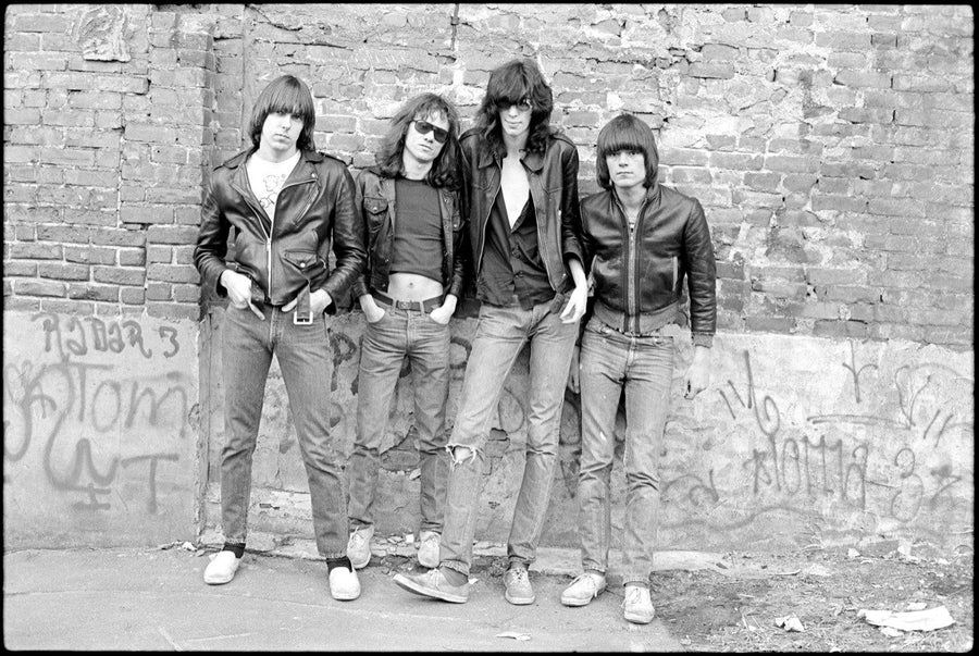 The Ramones photographed in New York City in 1976 by Roberta Bayley, in the session that produced the cover of their debut album.