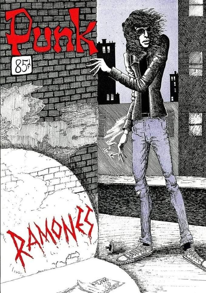 Illustration featuring a punk figure beside Ramones graffiti and Punk 85 text on a brick wall.