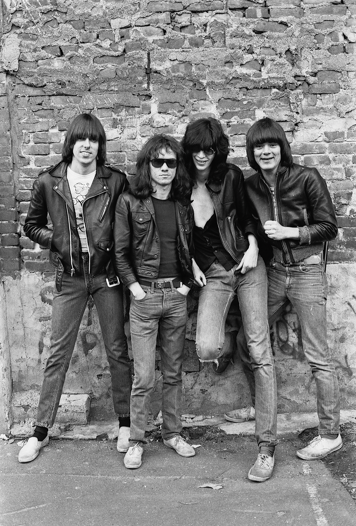 Ramones, smiling during the original album cover session, New York City, 1976, photographed by Roberta Bayley.