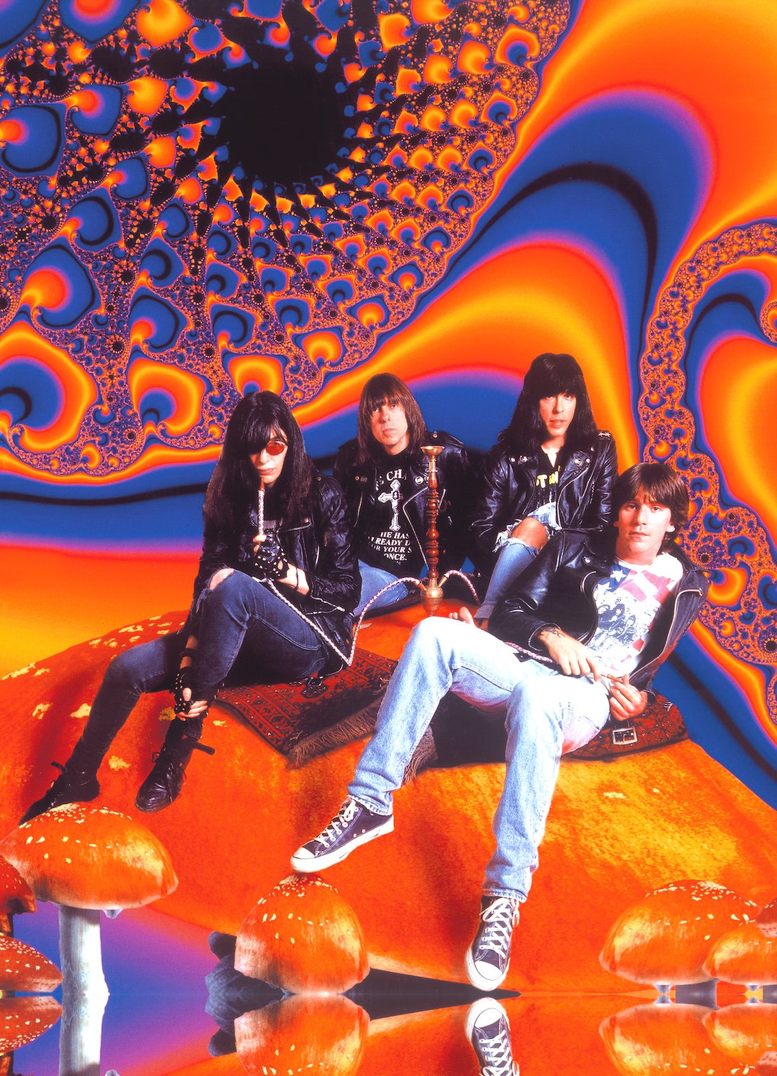 Ramones on a psychedelic set with giant mushrooms, New York City, 1992, photographed by George DuBose.