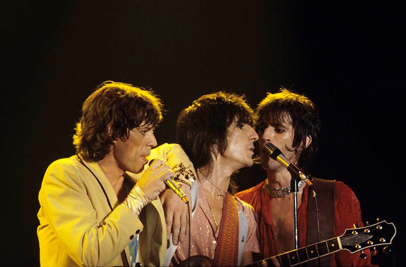 Mick Jagger, Ron Wood and Keith Richards of the Rolling Stones on stage, photographed by Charlyn Zlotnik, 1978.