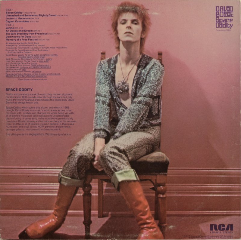 David Bowie on the back cover of the 1972 RCA edition of Space Oddity, photographed by Mick Rock in Zowie’s room at Haddon Hall.