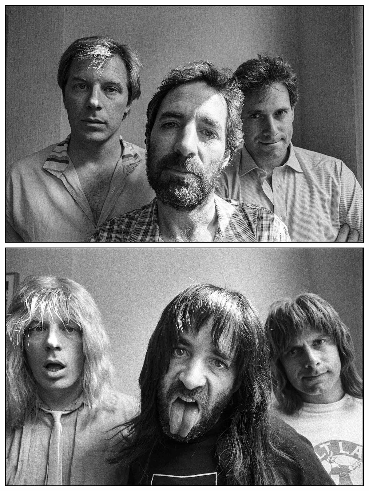 Two stacked portraits of Michael McKean, Harry Shearer and Christopher Guest, first as themselves and then in wigs as the band Spinal Tap, London, 1984, photographed by David Corio.