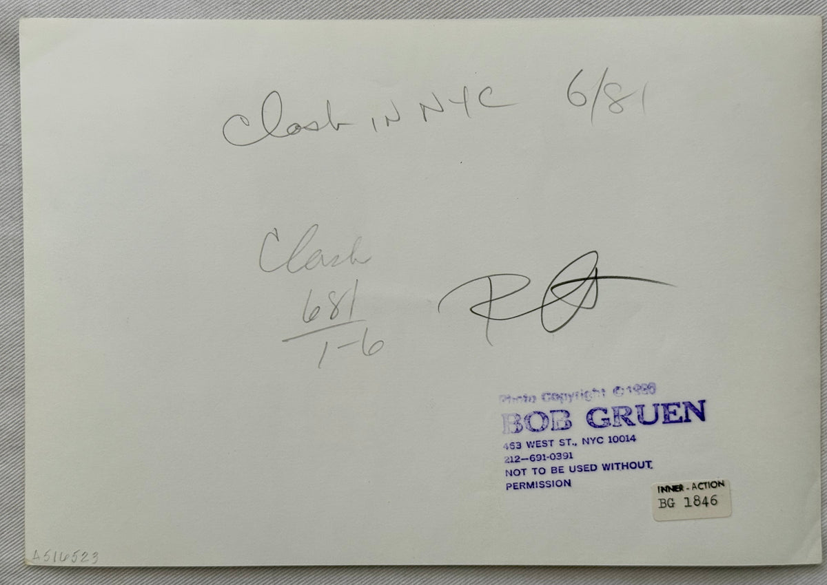 Verso of Bob Gruen’s vintage The Clash, New York City, 1981 print, showing the photographer’s copyright archive stamp and period annotations.