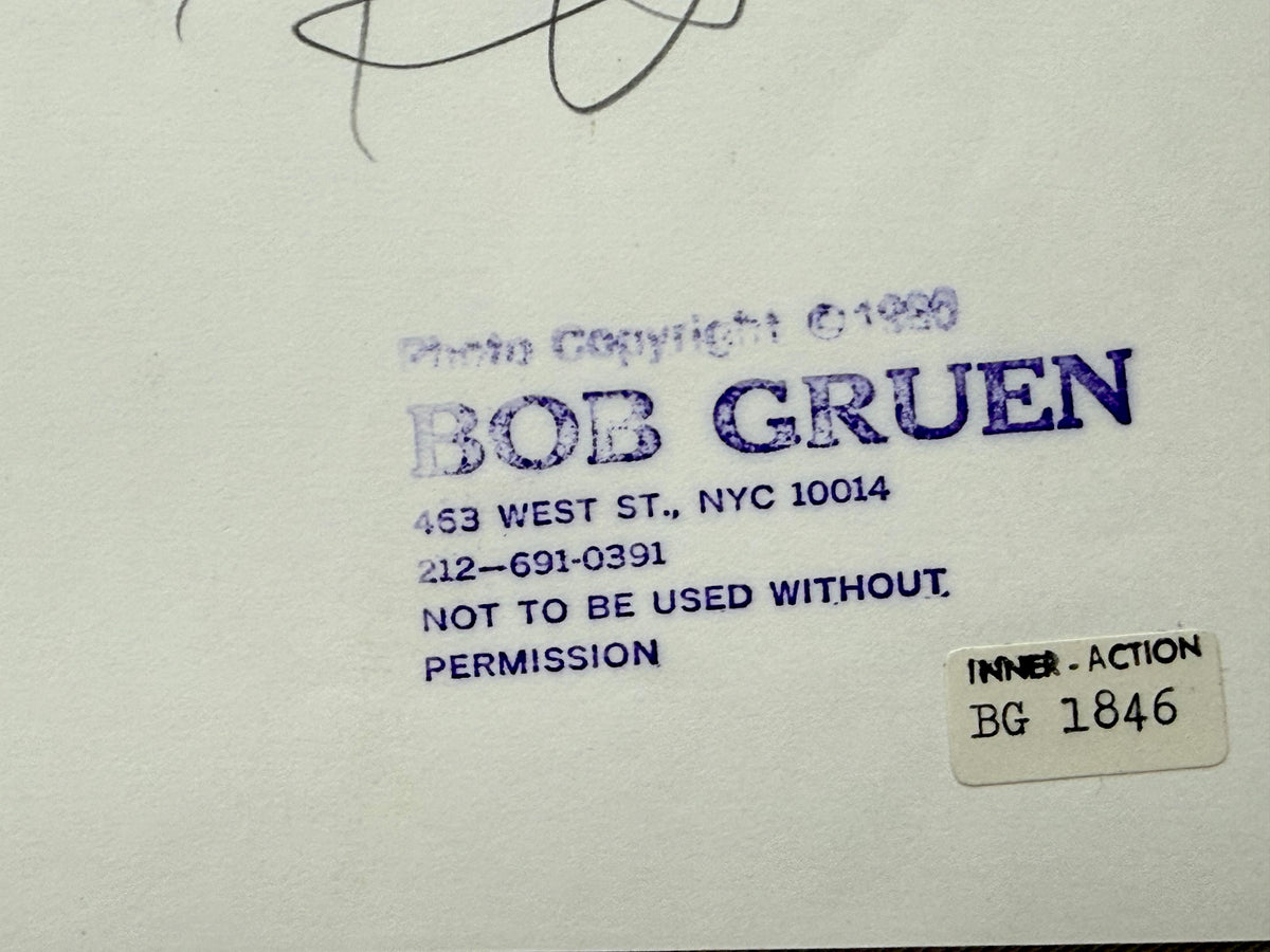 Detail of Bob Gruen’s signature and copyright stamp on the vintage The Clash, 1981 gelatin silver print.