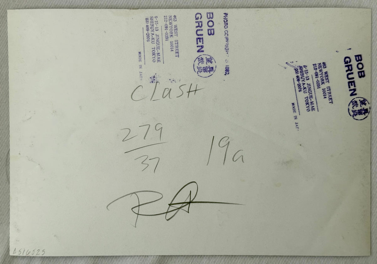 Verso of Bob Gruen’s vintage The Clash live in Boston, 1979 print, showing the photographer’s copyright archive stamp and period annotations.