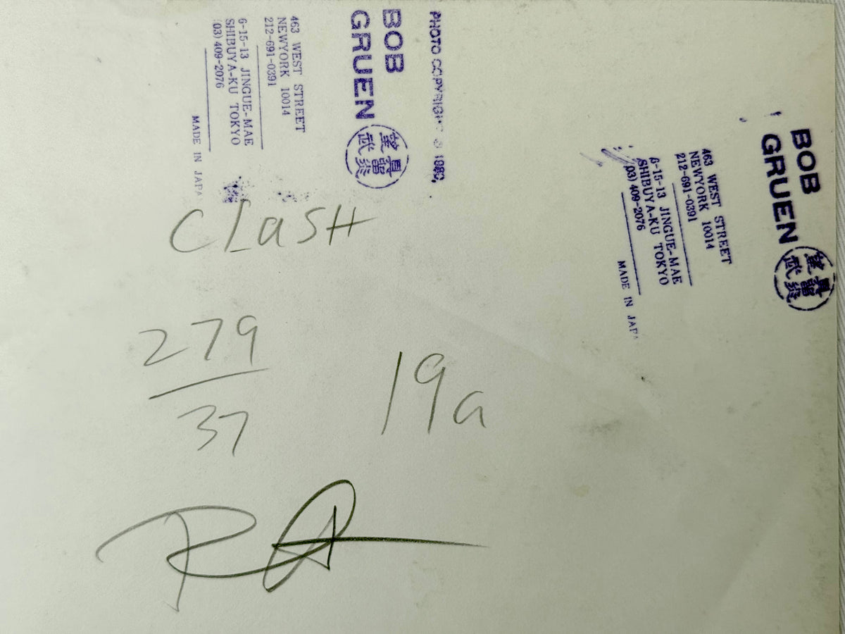 Detail of Bob Gruen’s signature and copyright stamp on the vintage The Clash, Boston 1979 gelatin silver print.