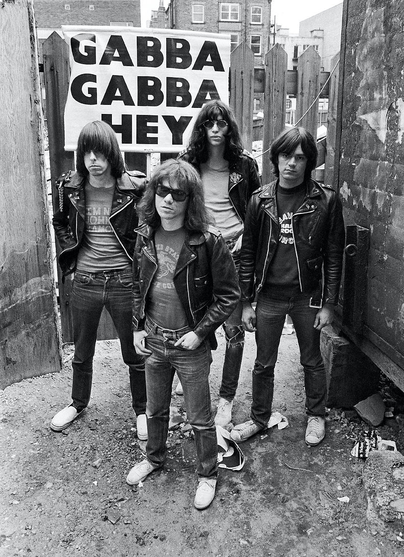 The Ramones at the site of the original Cavern Club, Liverpool, UK, 1977, photographed by Ian Dickson.