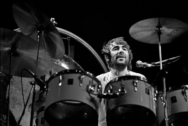 Keith Moon of The Who behind the drum kit, photographed by Charlyn Zlotnik.