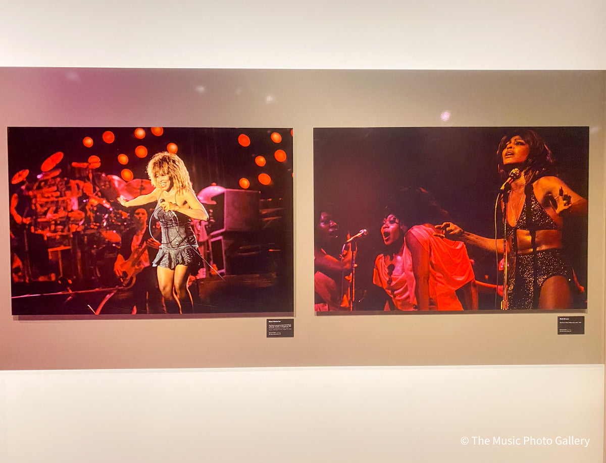 Two color photographs of Tina Turner on stage under red light in Tina Turner: A Journey to the Future at the Museum of Image and Sound (MIS), São Paulo, Brazil.