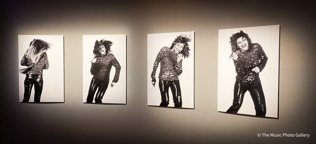 Frontal view of four black-and-white portraits of Tina Turner in Tina Turner: A Journey to the Future at the Museum of Image and Sound (MIS), São Paulo, Brazil.