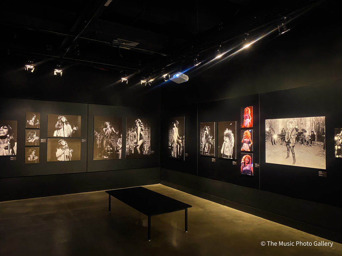Gallery overview with black-and-white and color photographs of Tina Turner in Tina Turner: A Journey to the Future at the Museum of Image and Sound (MIS), São Paulo, Brazil.