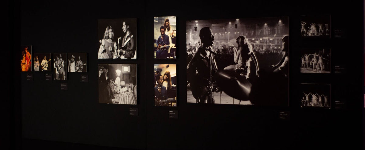 Panoramic view of a gallery wall with photographs of Tina Turner in Tina Turner: A Journey to the Future at the Museum of Image and Sound (MIS), São Paulo, Brazil.