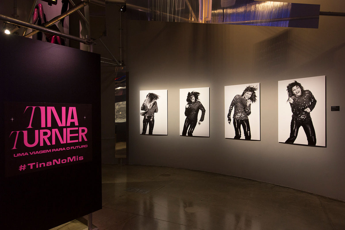 A sequence of four black-and-white portraits of Tina Turner on a curved wall in Tina Turner: A Journey to the Future, Museum of Image and Sound (MIS), São Paulo, Brazil.
