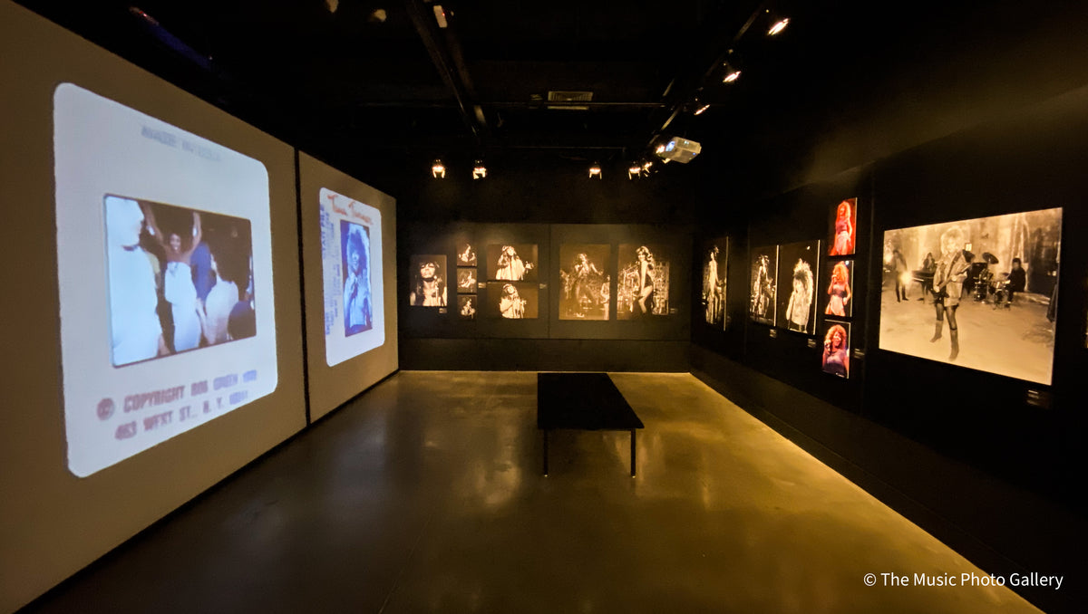 Projected slides and a gallery of photographs of Tina Turner in Tina Turner: A Journey to the Future at the Museum of Image and Sound (MIS), São Paulo, Brazil.