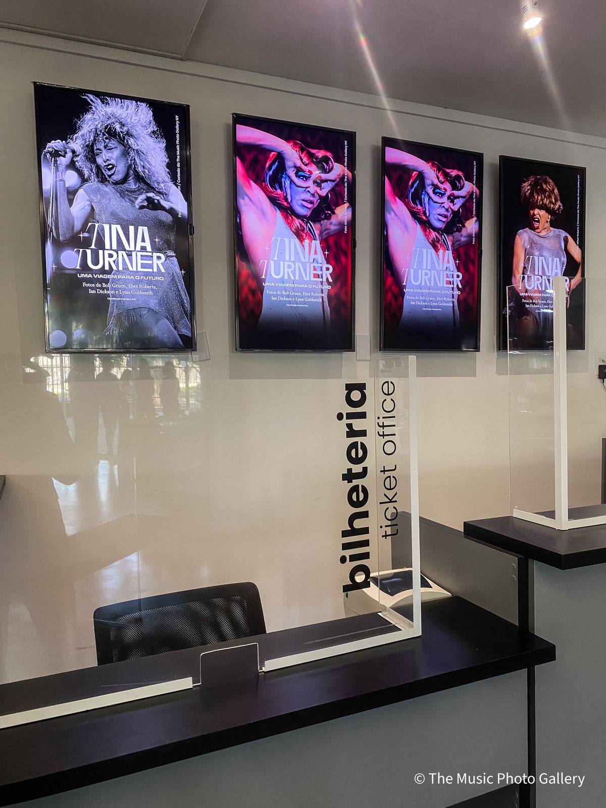 Screens with portraits of Tina Turner at the ticket office in Tina Turner: A Journey to the Future at the Museum of Image and Sound (MIS), São Paulo, Brazil.