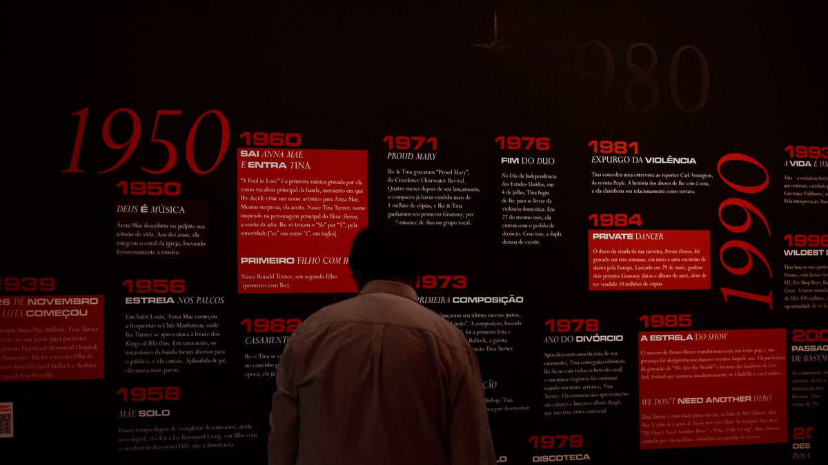 A visitor reading the timeline of Tina Turner's life and career in Tina Turner: A Journey to the Future at the Museum of Image and Sound (MIS), São Paulo, Brazil.