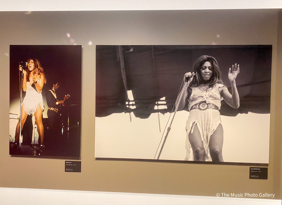 Two color photographs of Tina Turner in performance in Tina Turner: A Journey to the Future at the Museum of Image and Sound (MIS), São Paulo, Brazil.