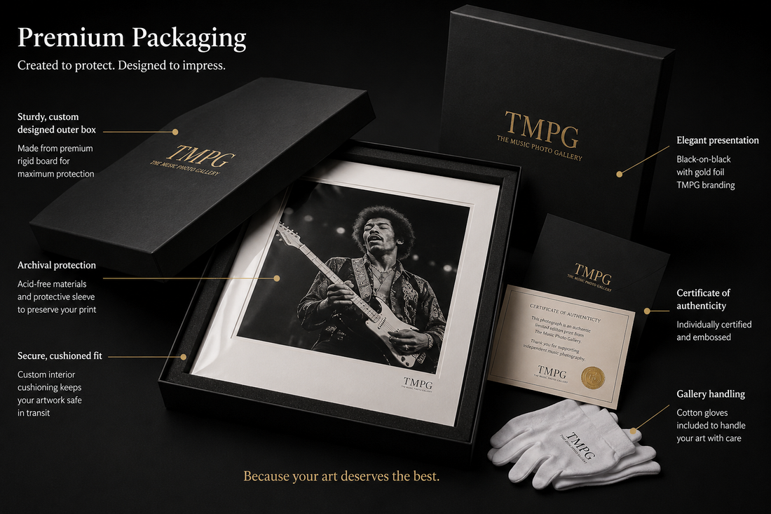 The Music Photo Gallery premium fine art packaging with archival presentation box, framed photograph, certificate of authenticity, cotton gloves, and museum-quality protective materials.